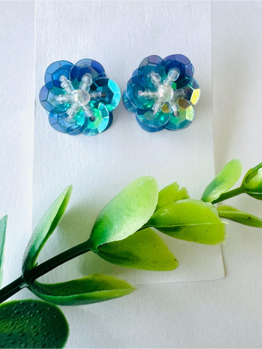 Blue Iridescent Sequin Flower Stud Earrings